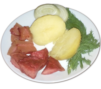 жареное сало и колбаса с картошкой, луком и укропом